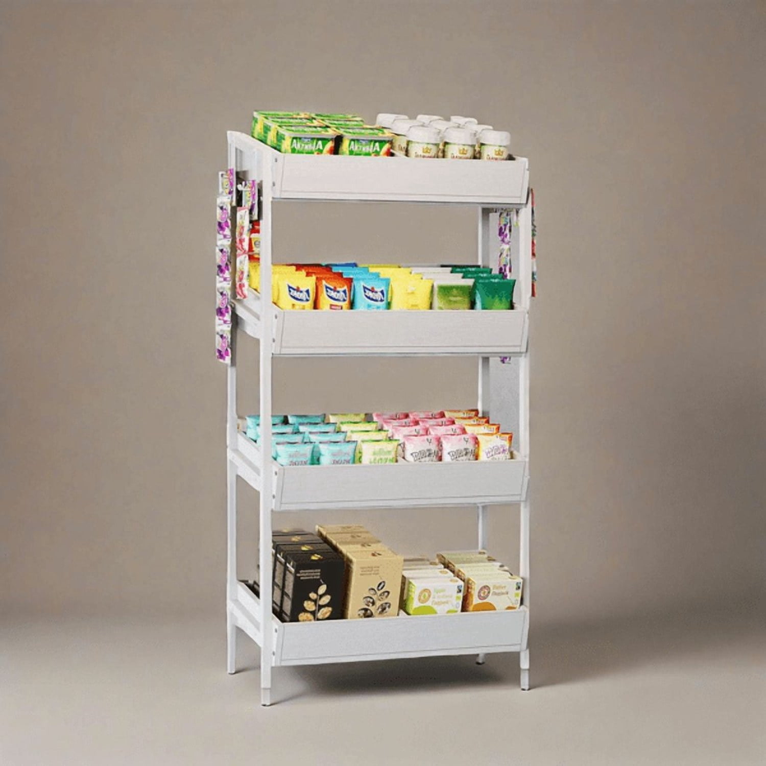 4-Tier Retail Display Rack Stand, Particleboard Shelves with 4 Metal Hooks, Heavy-Duty Metal Frame for Retail, Kitchen & Office