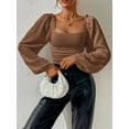 thumbnail image 5 of Women'S Square Neck Long Sleeve Crop Tops Puff Sleeve Ruched Blouse Dark Brown S, 5 of 8