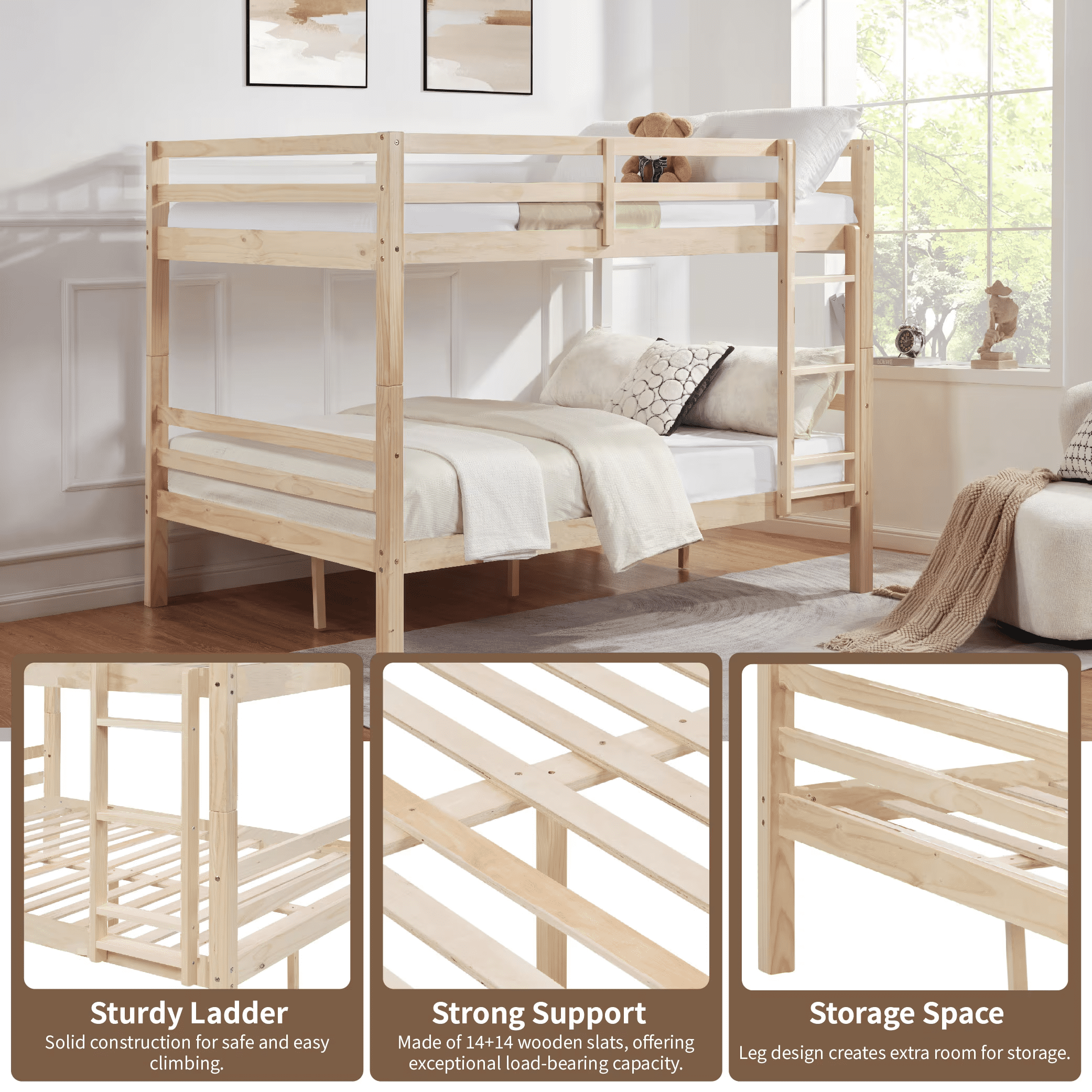 MAYEERTY Full over Full Bunk Bed with Thick Posts, Wooden Bed Frame with High Guardrail and Ladder for Teens, No Box Spring Needed, Natural
