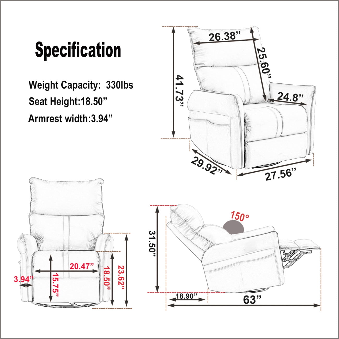 Rocker Recliner Chair, Swivel Recliner Chair with High Back & Footrest, Built-in USB Ports & Side Pocket, Rocking Chair Nursery in PU Leather, Glider Rocker Chair Reclining Sofa for Living Room, Grey
