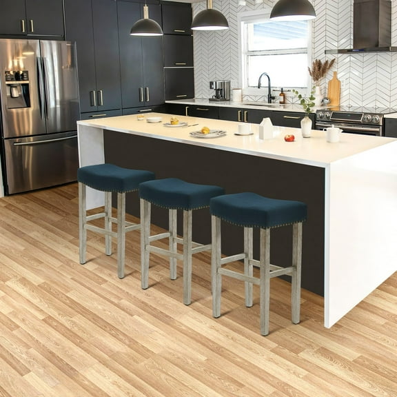 WestinTrends Lenox 29" Upholstered Saddle Seat Antique Gray Counter Stool (Set of 3), Antique Gray