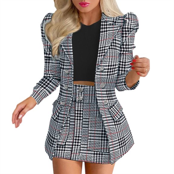 Bibifish Womens Skirt Suit Daily Office Casual Puff Shoulder Double Breast Blazer And Cropped Bodycon Mini Skirt Matching Outfits Sets