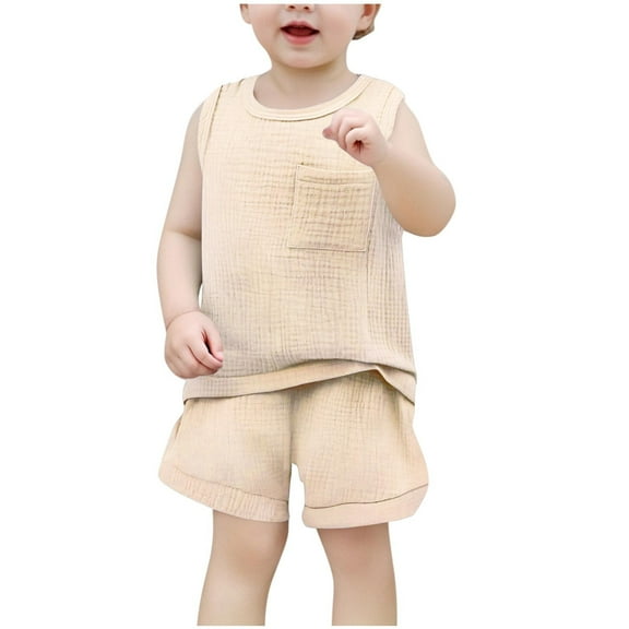 Atogsazn Baby Boys Summer Clothes Set Toddler Linen Sleeveless Tank Top Shorts Outfit with Pocket Beige 6-9 Months