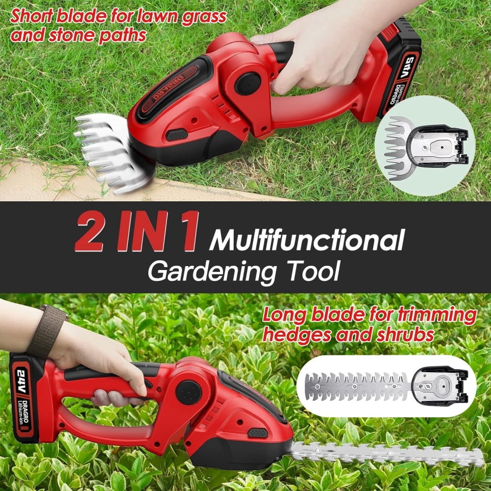 SLOK 24V Cordless Hedge Trimmer, 3-in-1 Grass Shears, Electric Shrub Trimmer with 2 Replaceable Blades