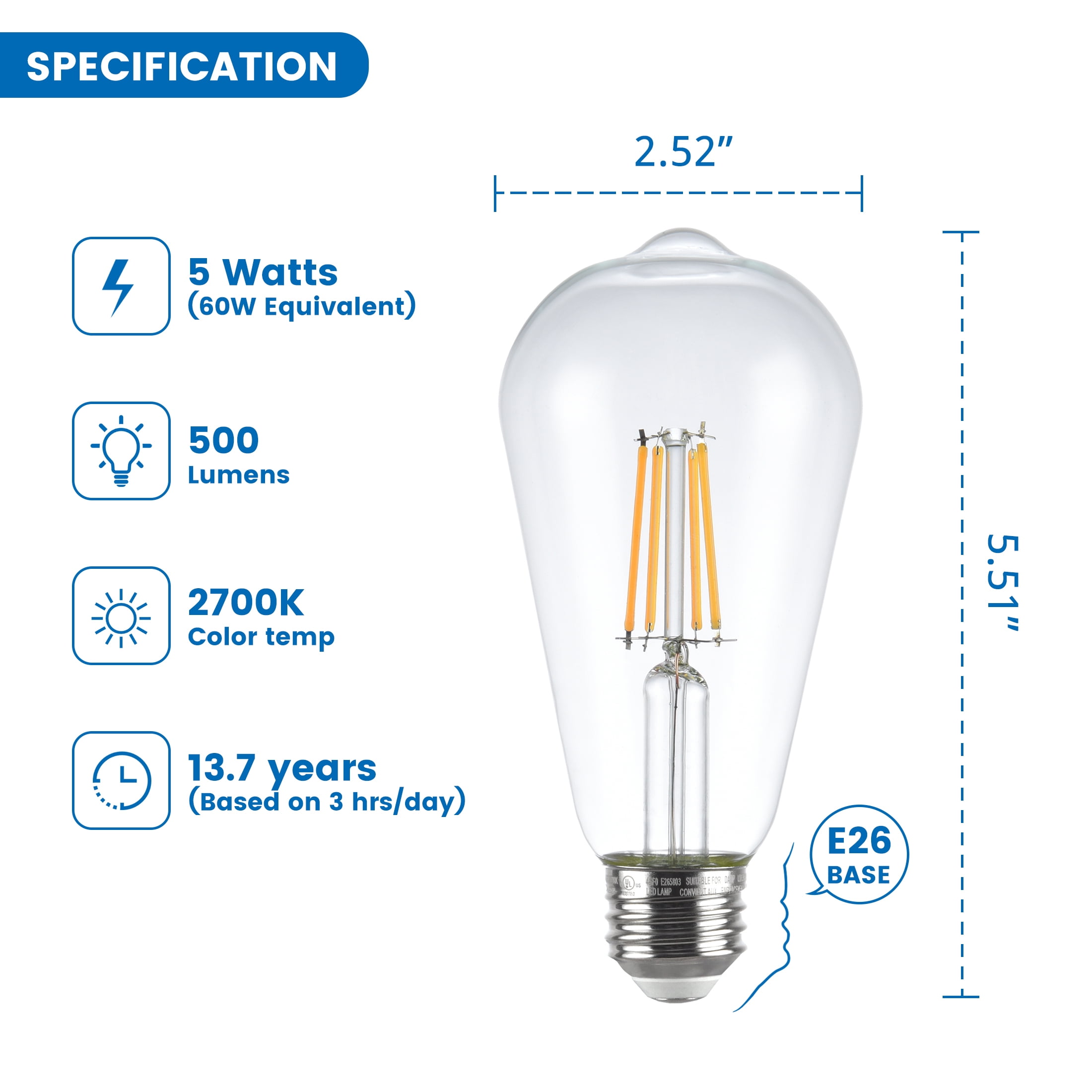 Great Value ST19 Vintage LED Light Bulb, 5-Watt (60W Equivalent), Soft White, Dimmable, E26, 16 Pack