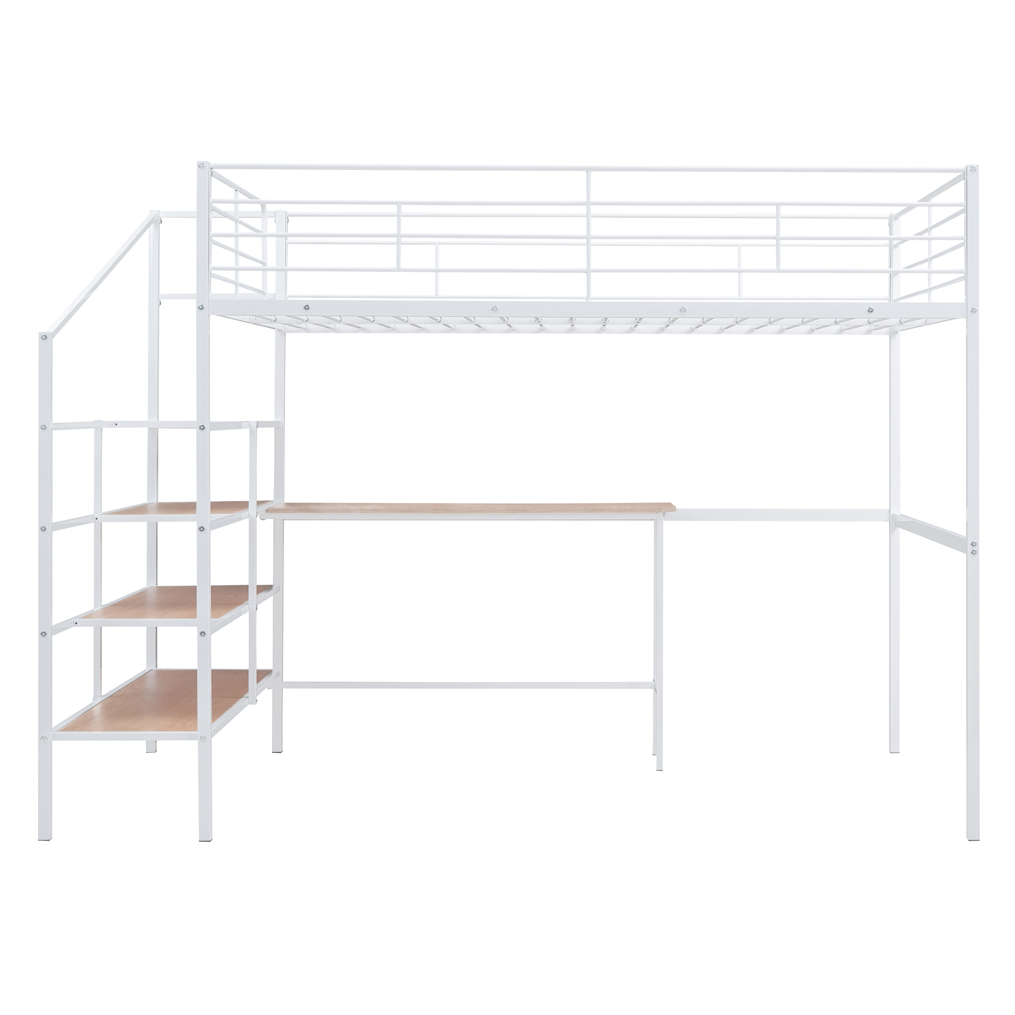 Full Size Loft Bed with Desk and Lateral Storage Ladder,Metal Loft Bed for Kids,White