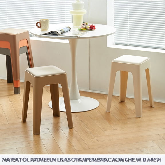 Plastic Dining Stool with Wooden Legs, Stackable Round Seat Stool 19in Height, Modern Minimalist Chair for Kitchen Dining Room Living Room, Beige