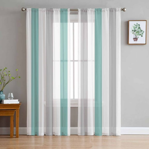 ERUNPONLY Turquoise Gray Striped Sheer Curtains 84 Inch Length 2 Panels Set, Farmhouse Stripe Art Voile Window Treatment Rod Pocket Curtains Sheers Drapes for Bedroom/Living Room/Kitchen 52"x84"x2