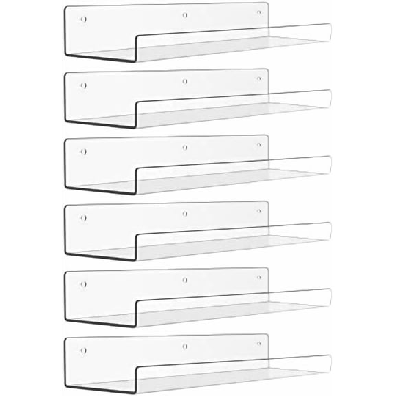 6 Pack Acrylic Shelves for Wall Storage, 15" x 4“ Floating Bookshelves for Kids, Display Shelf Organizer for Bathroom, Bedroom, Living Room, Kitchen, Room Decor, Clear