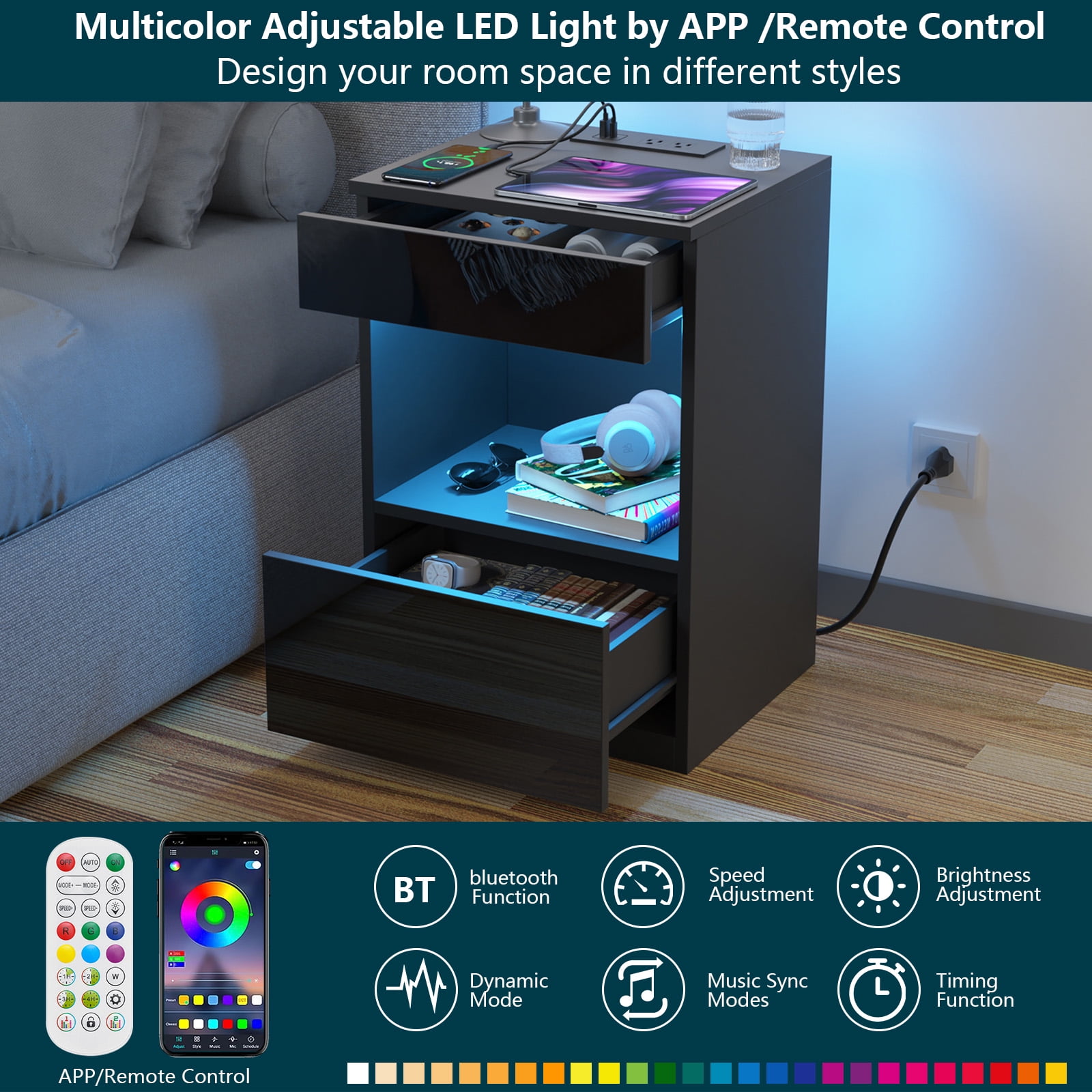 Hommpa Nightstand with Charging Station Nightstands with 2 Drawer Open Shelf Nightstands Black Nightstands High Gloss LED End Table Nightstands for Bedroom Living Room Furniture 23.6" Tall