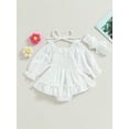 thumbnail image 4 of Wassery Newborn Girl Romper Dress Long Sleeve Tie-up Pleated Jumpsuits Ruffle Dress with Hairband 3 6 12 18 Months Baby Girls 2 PCS Fall Clothes for Casual Daily, 4 of 8