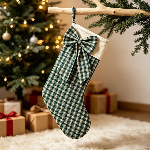 Plaid Christmas Stocking, 18.11 in Farmhouse Bow Holiday Stocking with Hanging Loop for Fireplace Mantel, Green, YDYB