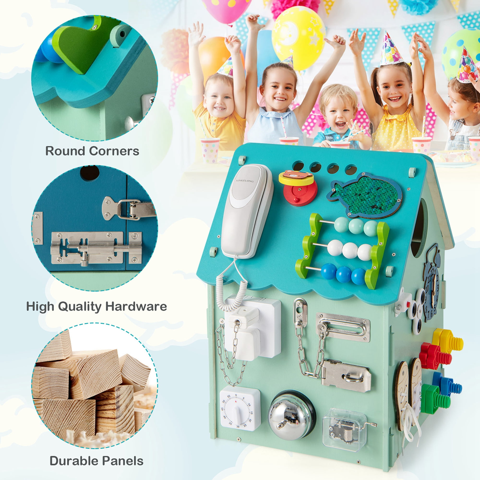 Casa giocattolo in legno degli ingranaggi, Montessori con giochi sensoriali  e spazio interno per bambini - Costway