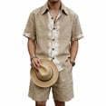 thumbnail image 6 of JUUYY Men's Linen 2 Piece Sets Short Sleeve Loose Fit Collar Button Down Shirt Shorts with Pocket Set Casual Summer Beach Outfits Khaki XXL, 6 of 9