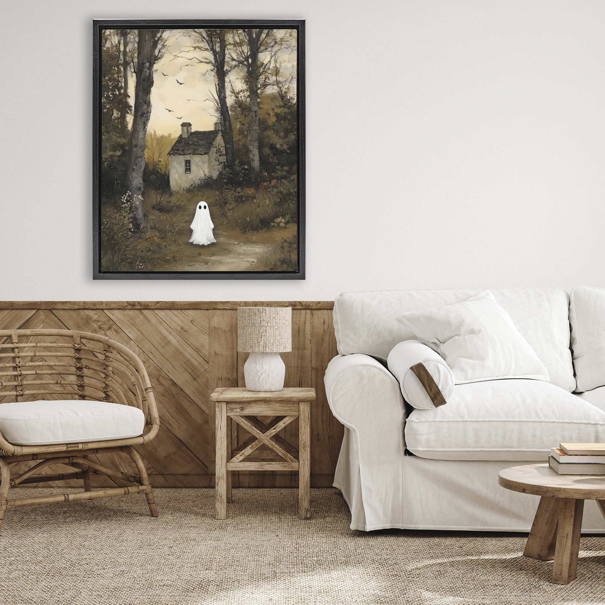 Little Ghost in Cottage Forest Black Framed Floater Canvas Wall Art, design by Arlington Prints