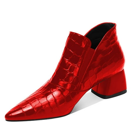 YDN Women Sexy Pointed Toe Ankle Booties Chunky Low Heel Short Boots Pull On Elastic Daily Outdoor Shoes Size 7.5 Red