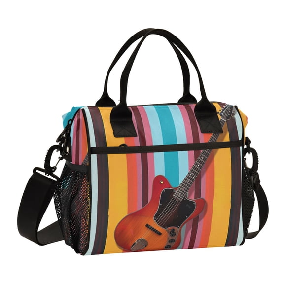 ALAZA A Guitar on Stripe Insulated Lunch Bag Reusable Tote Box Adjustable Shoulder Strap for Work Picnic