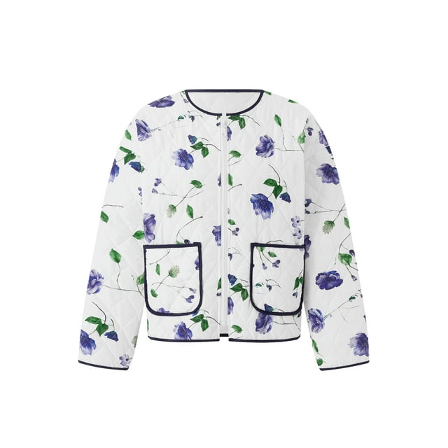 Gupgi Veste Matelassée à Fleurs pour Femmes Manteau Vintage à Fermeture Éclair Manches Longues Automne Hiver Cardigan Vêtement d'Extérieur