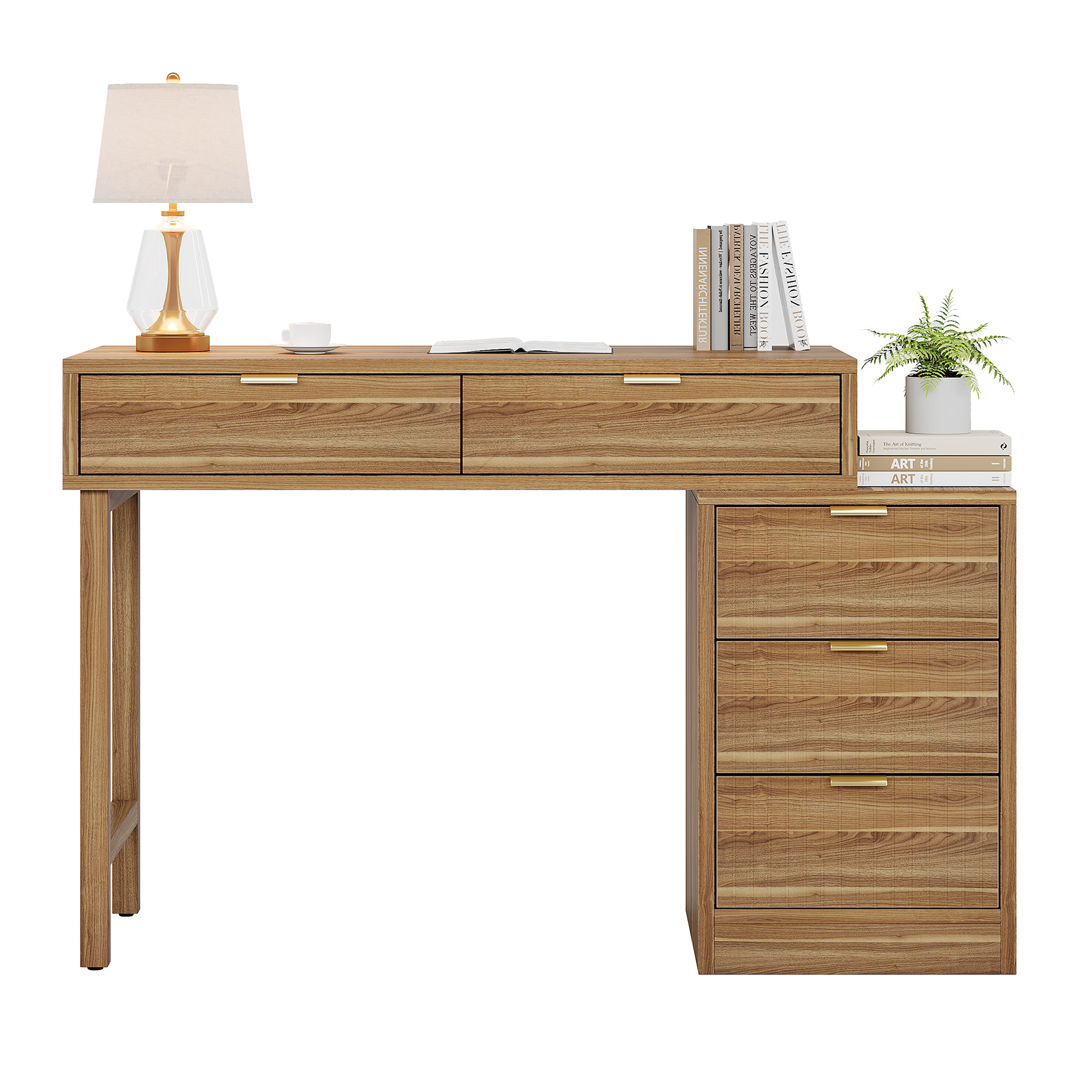 Fnova Reversible Computer Desk with 5 Large Drawers, 39.37" Home Office Writing Desk, Vanity Desk, Brown