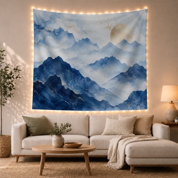 Mountain Lake Painting with Layered Cloudy Foreground Prominent, Mystical Fantasy for Space Lovers, Galaxy Room Decor, Housewarming Gift, Tapestry Wall Hanging for Bedroom and Dorm