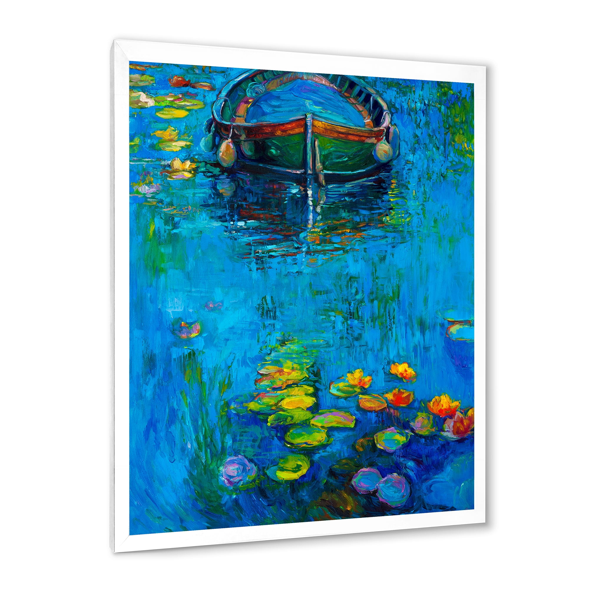 Designart 'Boat In Blue Lake' Nautical & Coastal Framed Art Print