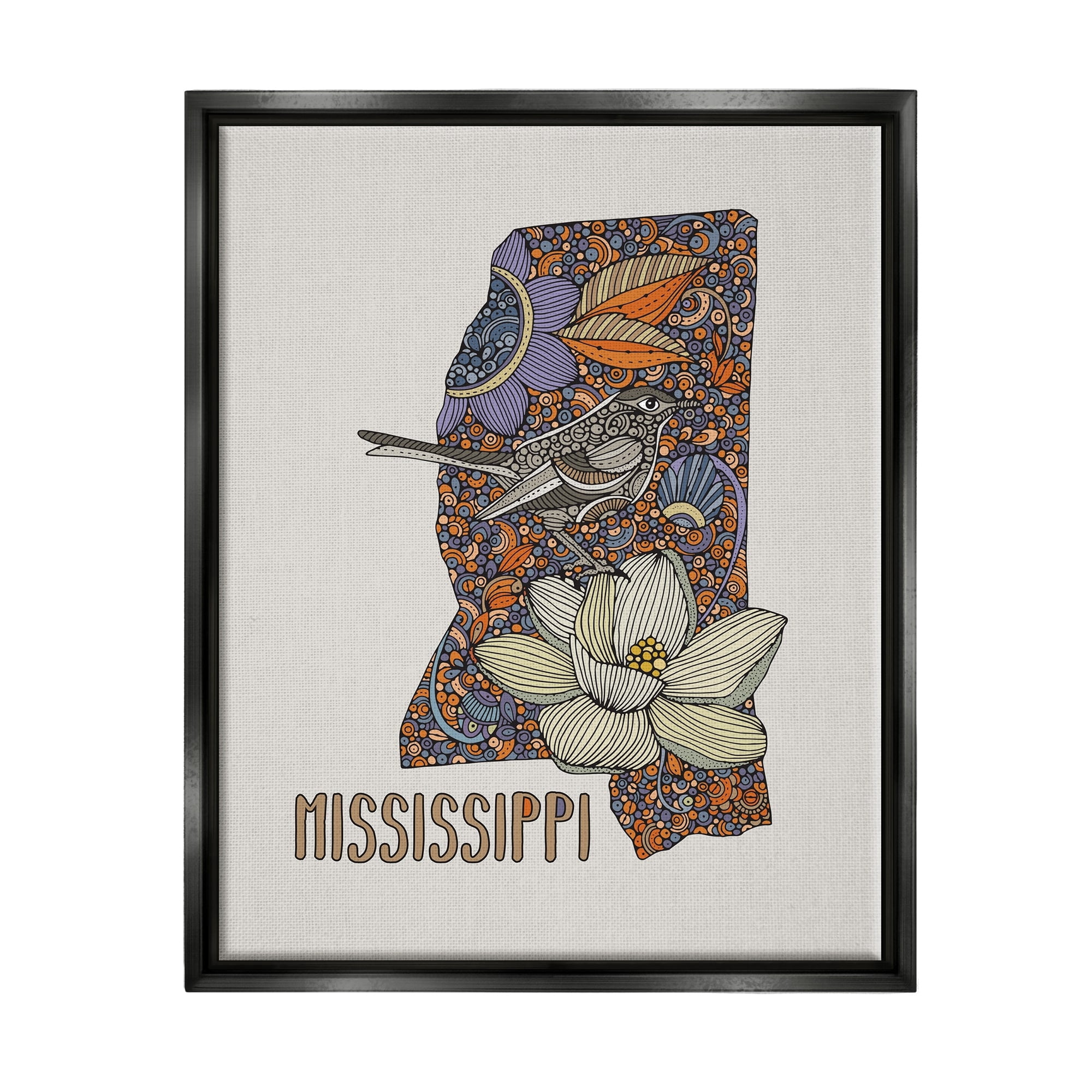 Stupell Industries Detailed Mississippi Bird & Flower Pattern Design Graphic Art Jet Black Floating Framed Canvas Print Wall Art, Design by Valentina Harper