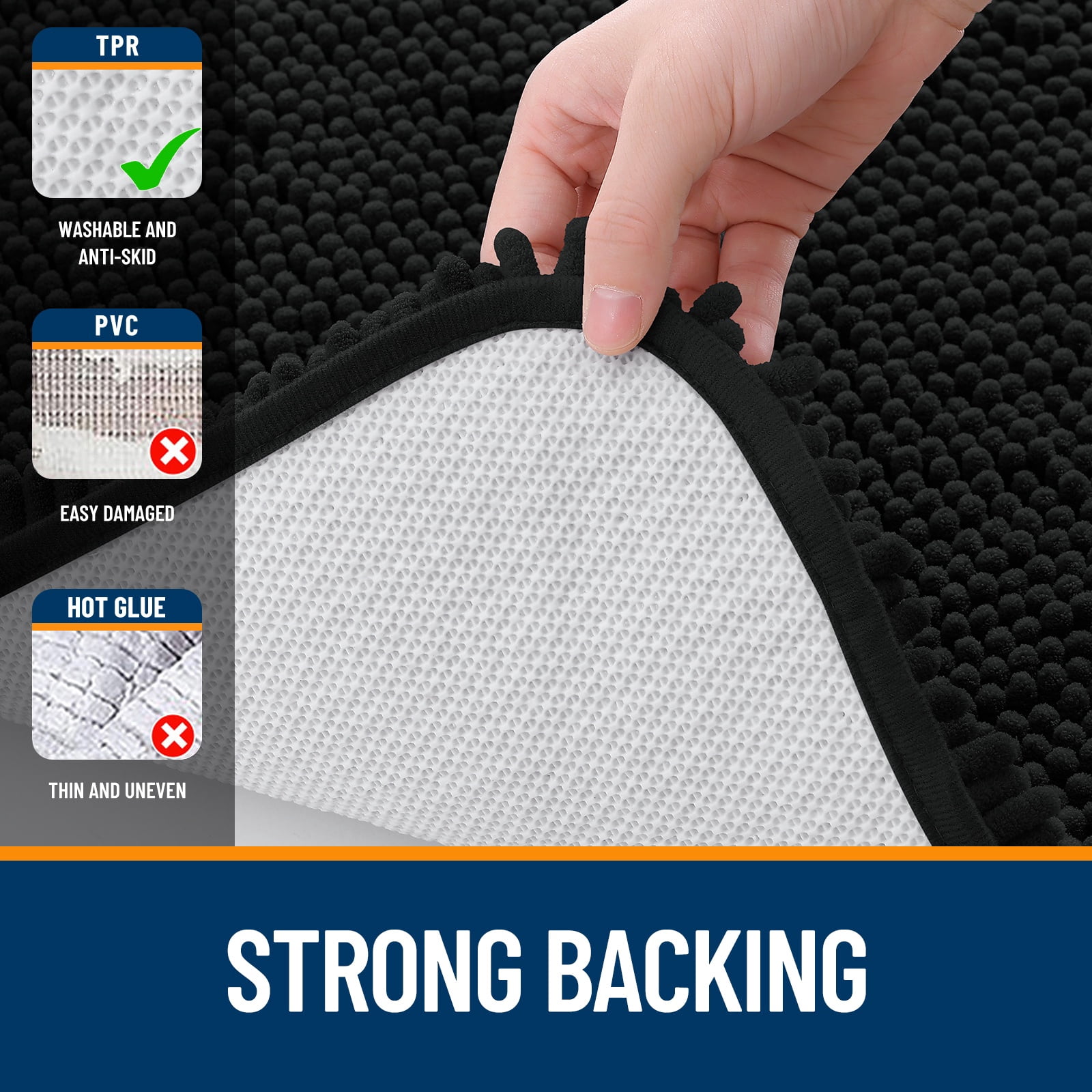 Buganda Bathroom Rugs 34x21, Quick Dry Machine Washable Chenille Bath Mats with Rubber Backing, Black