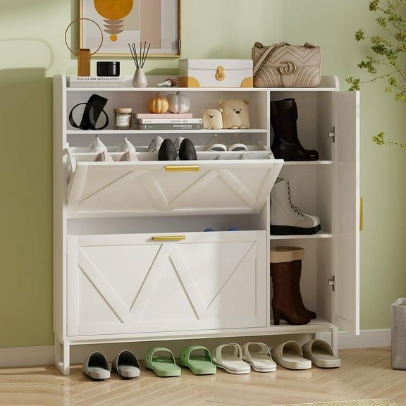 White Shoe Storage Cabinet with 2 Adjustable Flip Drawers, Farmhouse Entryway Shoe Organizer, Narrow Shoe Cabinet Storage for Entryway Slim with Hooks, Hidden Entrance Shoes Rack for Hallway