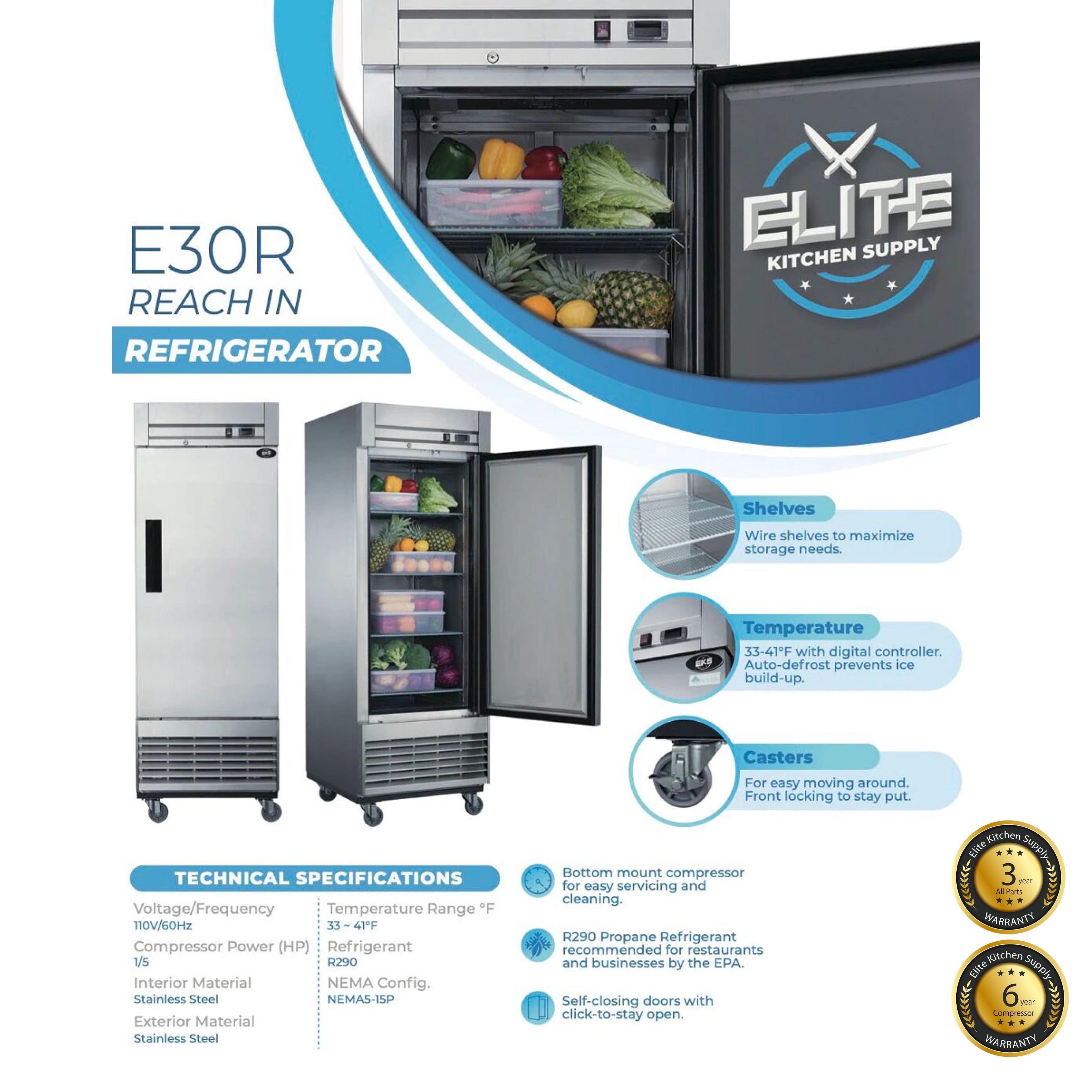 28 in. Single Door Commercial Refrigeratot 18 Cu.Ft. Solid Door Stainless Steel Reach-In Refrigerator, NSF ETL