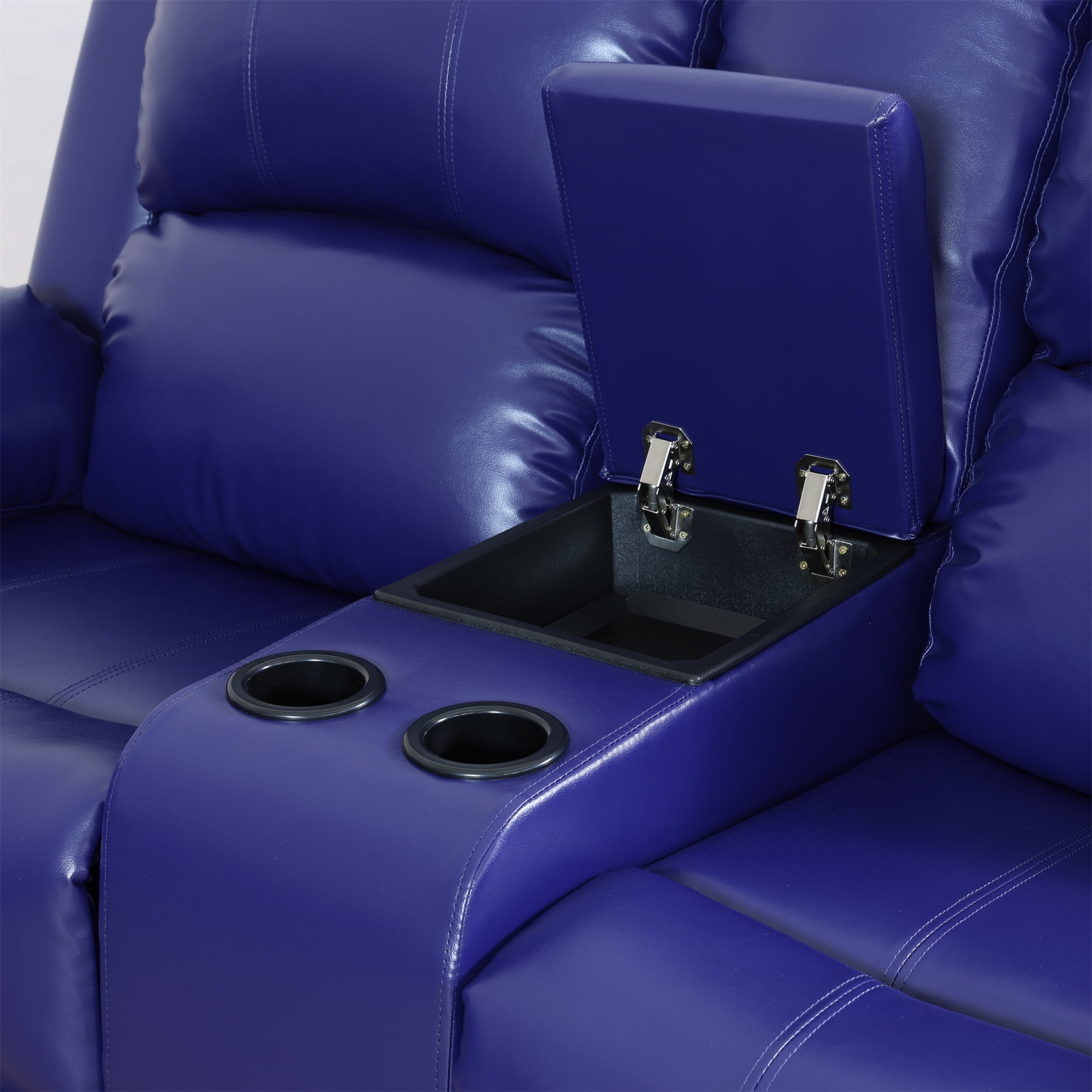 Aukfa Double Manual Recliner Chair, Overstuffed Loveseat with Cupholder for Living Room, Leather, Blue