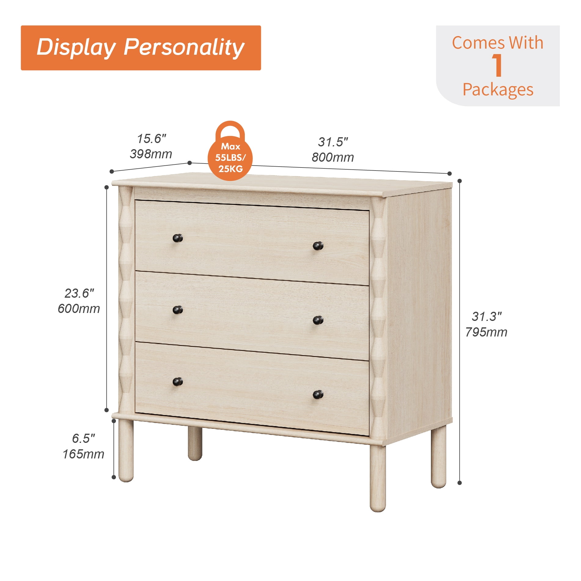 WAMPAT Wooden Sideboard with 3 Deeper and pre‑assembled Drawer for Dining Room,Natural