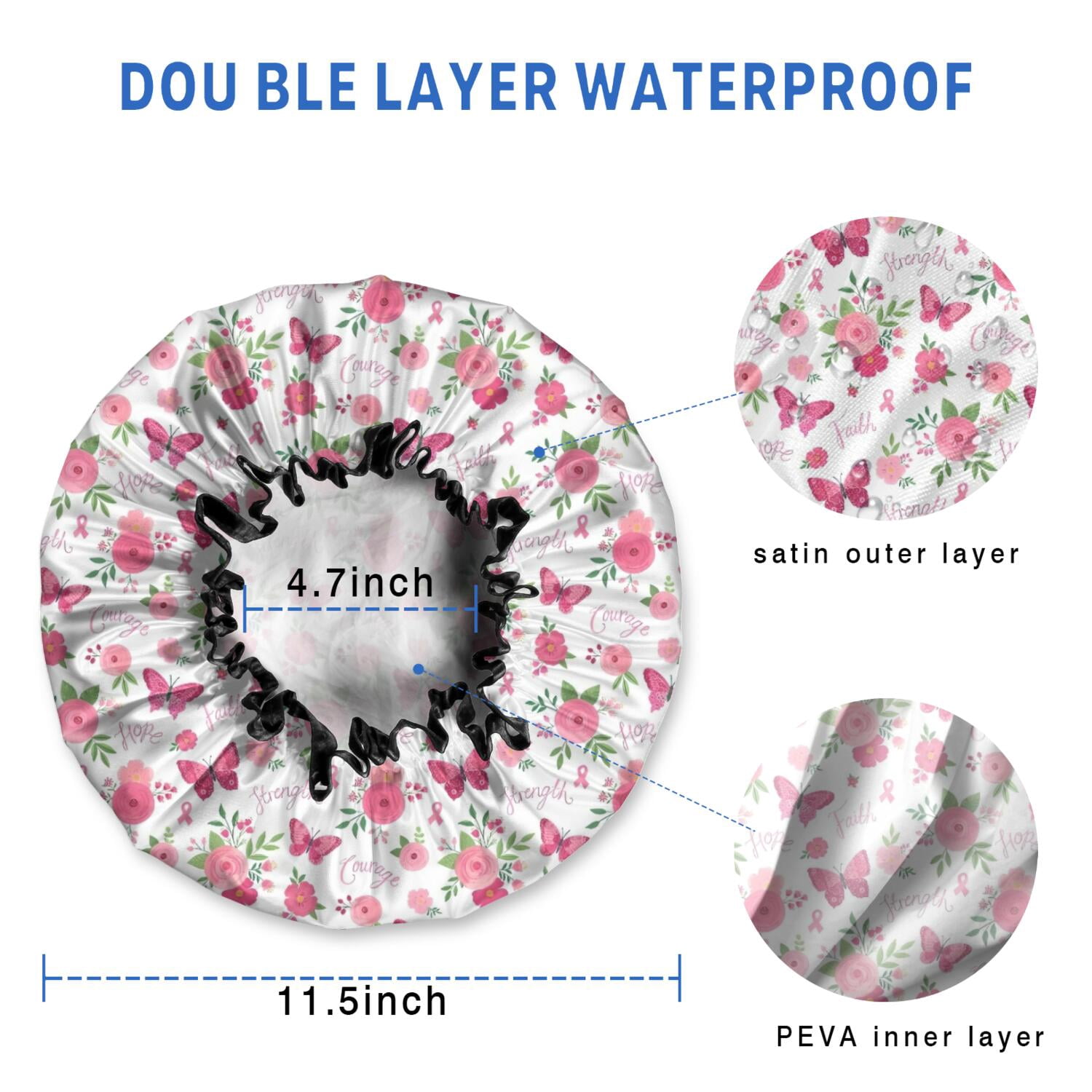 Shower Caps,White Pink Butterfly Flower Pattern Waterproof Shower Cap for Women 4 Pieces,Double Reusable Hair Cover for Shower PEVA Elastic Stretch Hem