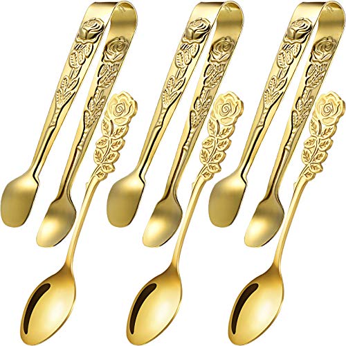 6 Pieces Sugar Spoon Tongs Rose Sugar Tongs Appetizers Tongs Flower Sugar Coffee Serving Spoons for Tea Coffee Party Kitchen Bar Ice Accessories Gold