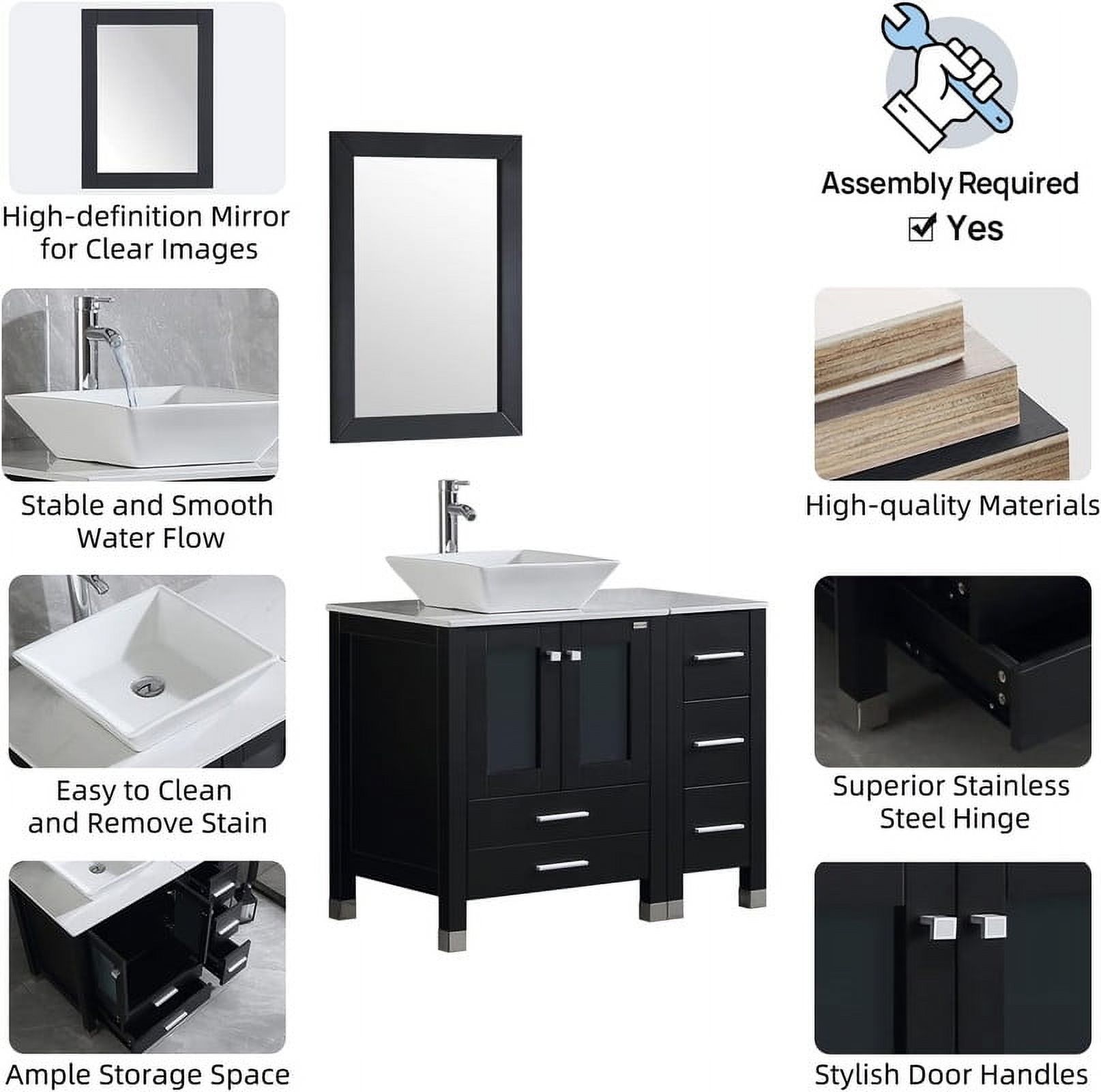 Walsport Bathroom Vanity,36" Stand Pedestal Bathroom Cabinet Top Square Ceramic Vessel Sink Faucet Drain Combo with Mirror Vanities Set,Black