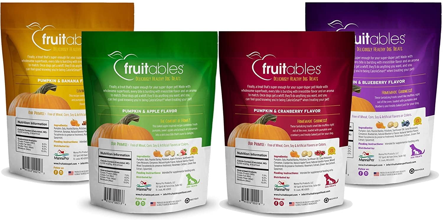 Fruitables Baked Dog Treats Variety 4 Pack - 1 Pumpkin & Apple - 1 Pumpkin & Banana - 1 Pumpkin & Blueberry - 1 Pumpkin & Cranberry - 7 oz Each