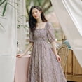thumbnail image 1 of S-3XL Floral Chiffon Dress Women Sweet Puff Sleeve Empire Vintage Fairy Slim Square Collar Vestido Pink Temperament Elegant ChicM Gao Jinjia LED, 1 of 2