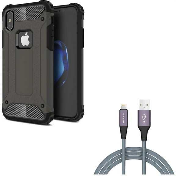 6ft USB Cable w Case for iPhone XS/X - Charger Cord Power Wire Braided Long, Hybrid Slim Fit Cover Reinforced Bumper Shock Absorbent for iPhone XS/X