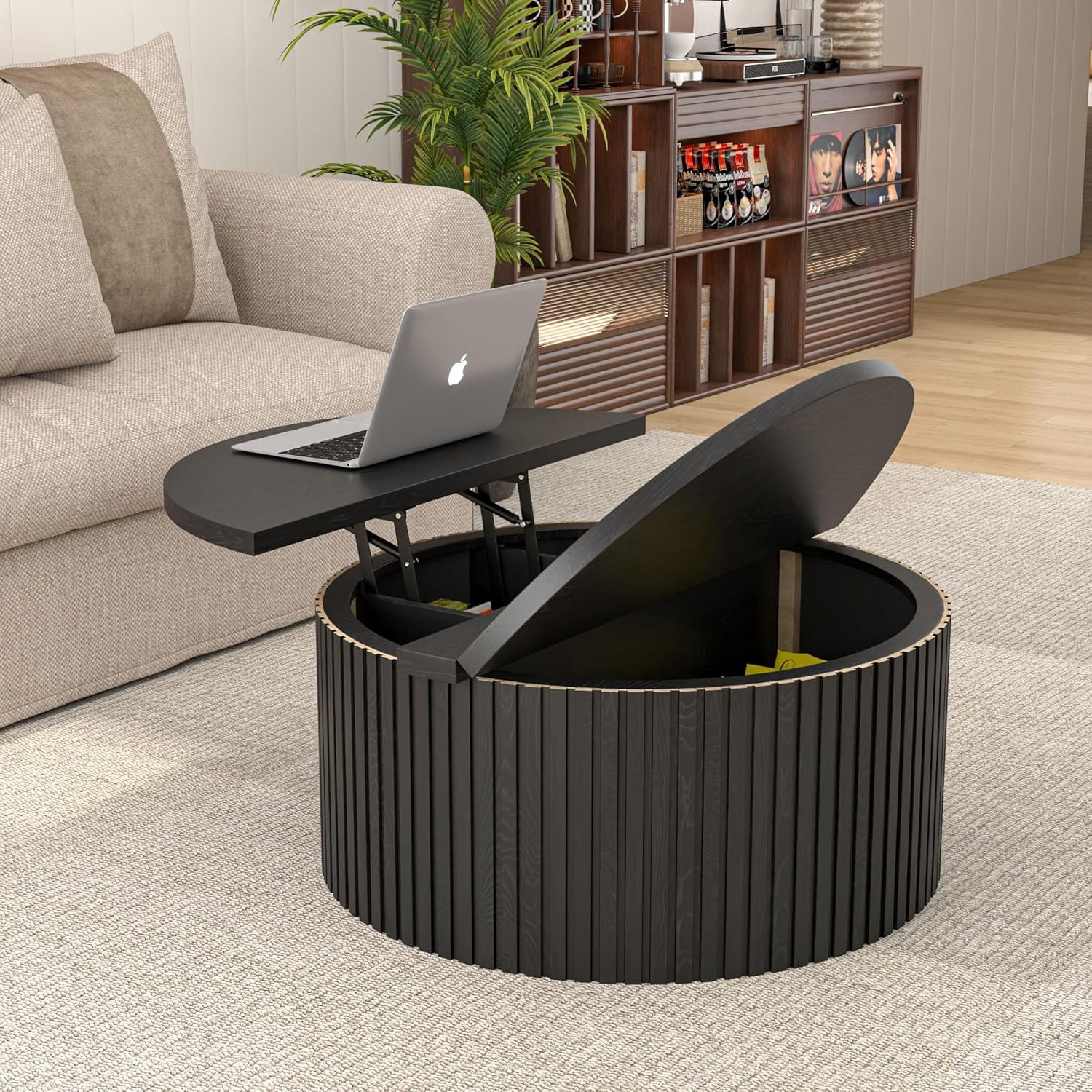 Round Coffee Table for Living Room, Farmhouse Lift Top Coffee Table, Fluted Center Table with Storage (Black)