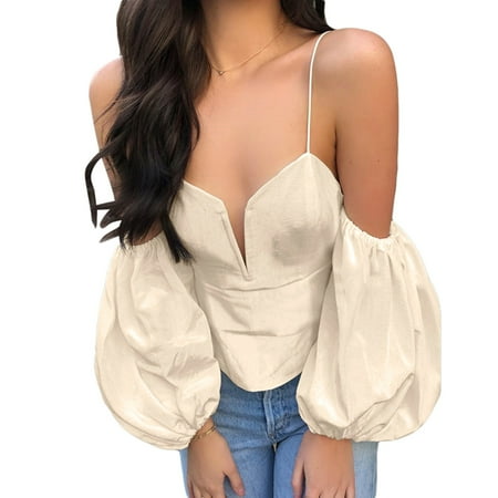 

Binpure Sling Lantern Sleeve Bustier Tight Short Blouses for women