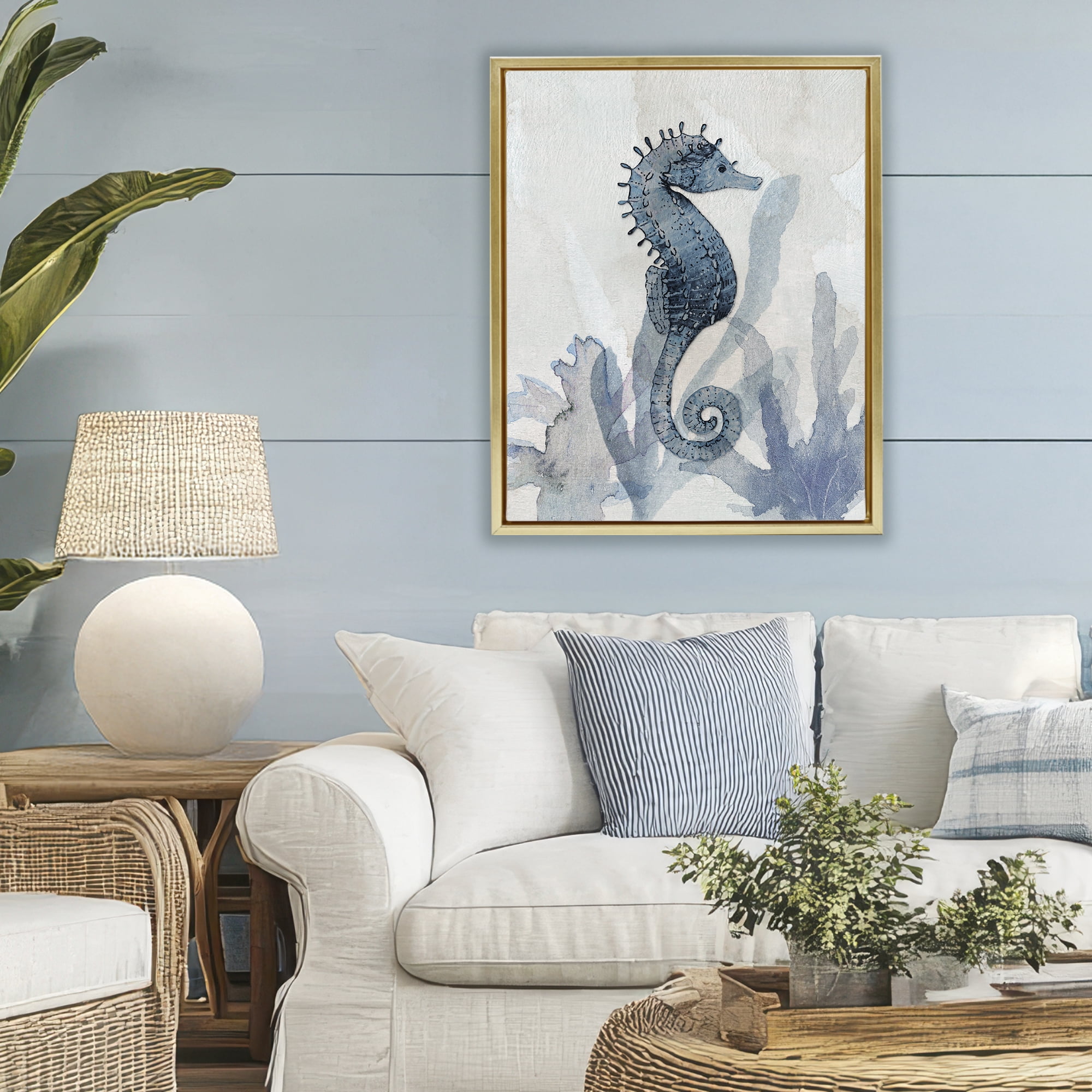 Stupell Industries Seahorse & Seaweed Impressions Gold Framed Floater Canvas Wall Art, design by Susan Jill