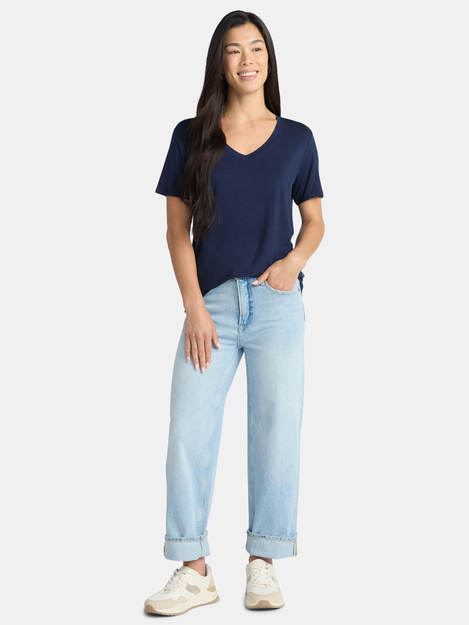 Time and Tru Women's V-Neck Tunic Tee with Short Sleeves, Sizes XS-XXXL