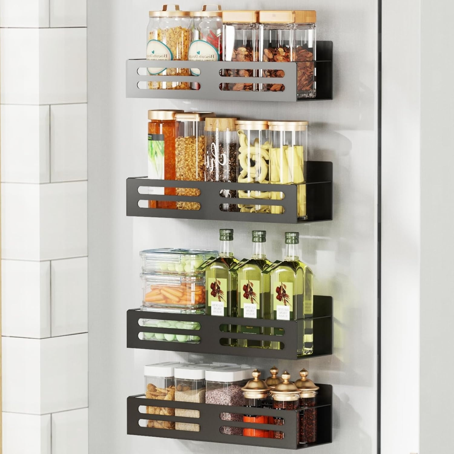 Magnetic Spice Rack for Refrigerator Magnetic Fridge Shelf for Kitchen Magnetic Shelves for Fridge 4 Pack Black