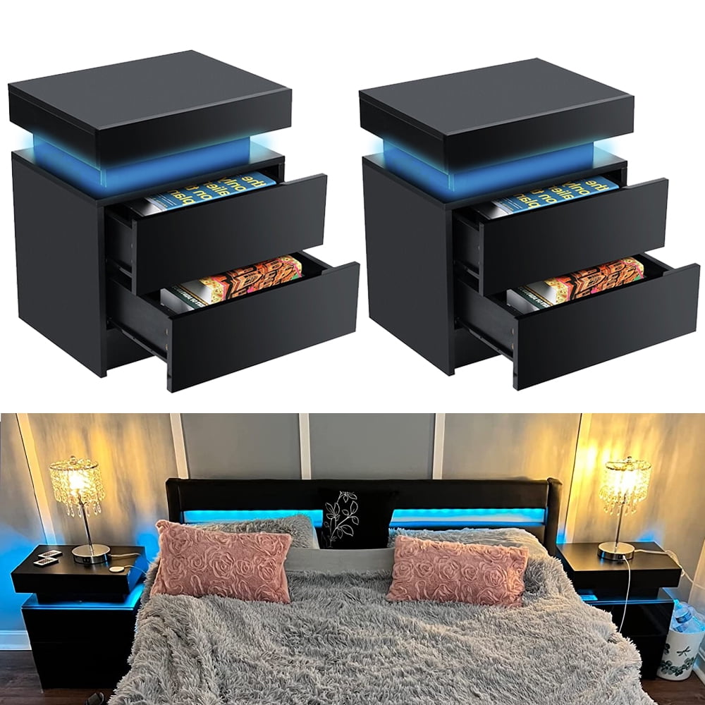 LED Light Thicken Bedside Table Nightstand With 2 Drawers