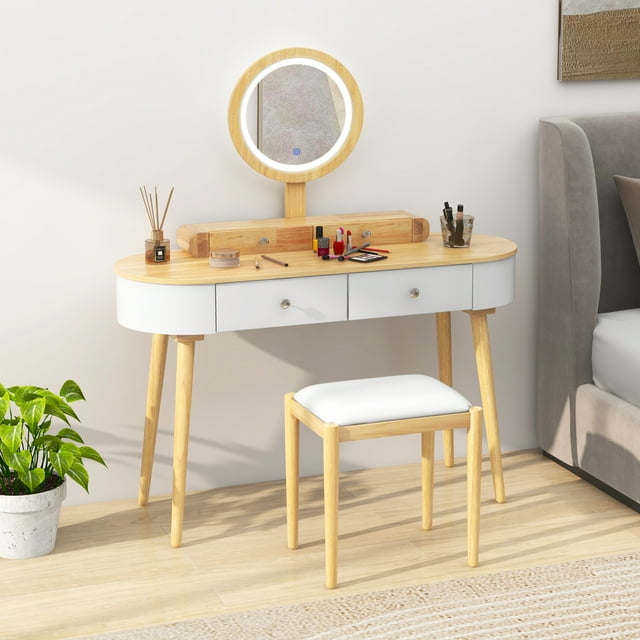 Costway Solid Wood Makeup Vanity Desk Set with LED Lighted Mirror Drawers Cushioned Stool White + Natural