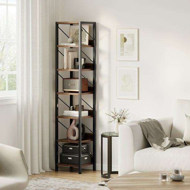 QinaQin Librero angosto de 6 niveles, estante alto con estructura metálica y estilo industrial rústico, ideal para recámara, sala u oficina en casa