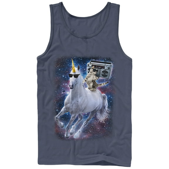 Men's Lost Gods Boombox Cat and Unicorn Space Song Tank Top Navy Blue Small