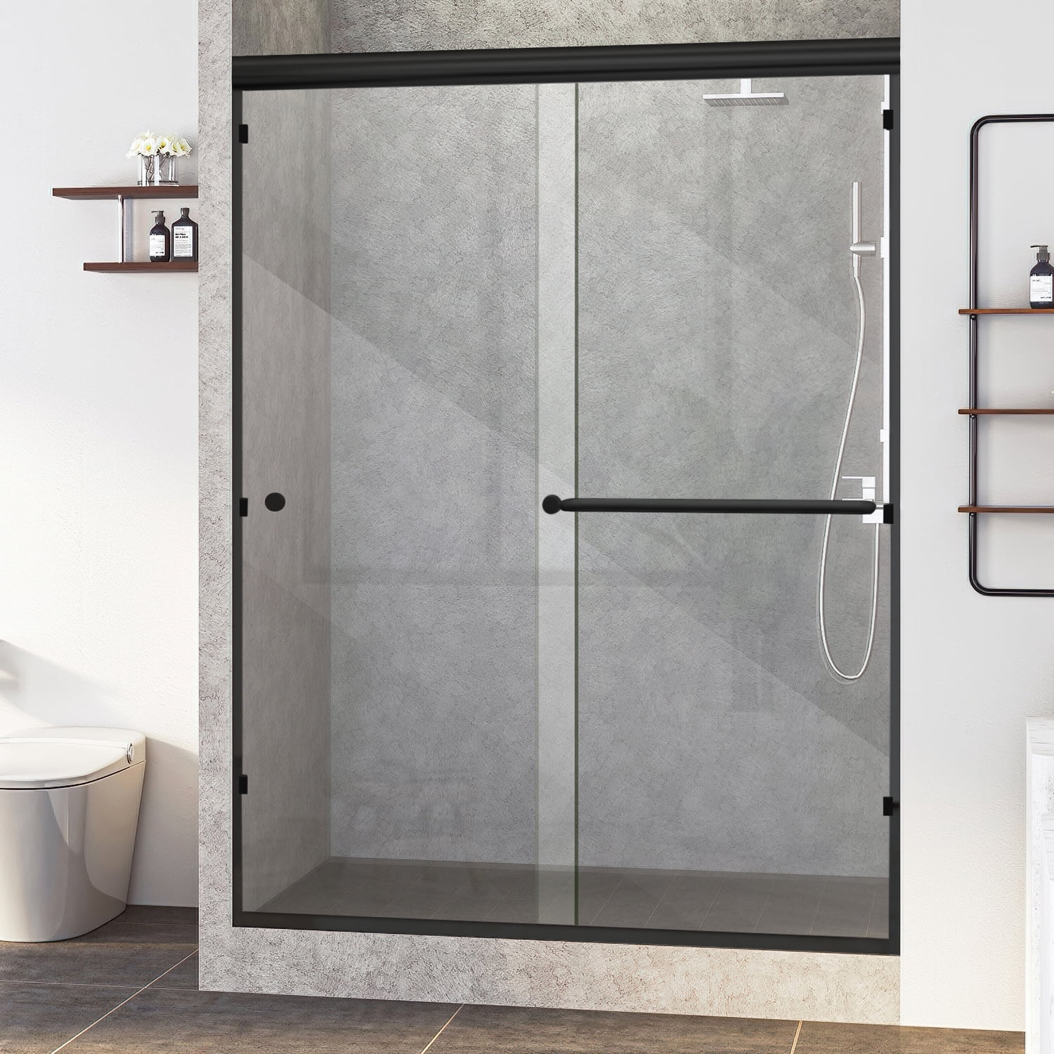Raffle Pinker Sliding Shower Door Semi-Frameless Bathroom Tub Door 60" W x 72" H with Clear Glass, Black Frame