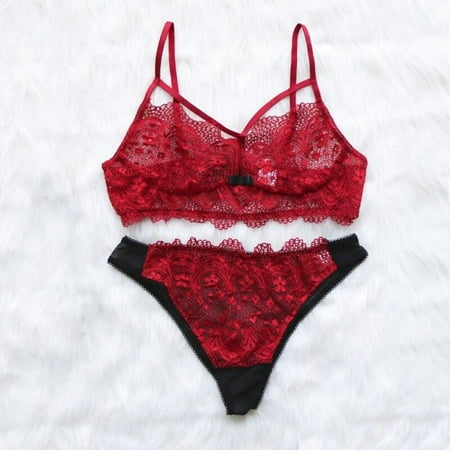 

Fantadool Women Set Lingerie Solid Wine Red Lace Openwork Cross Straps Gathered Bra + Stitching Color Lace Briefs Women Underwear Set
