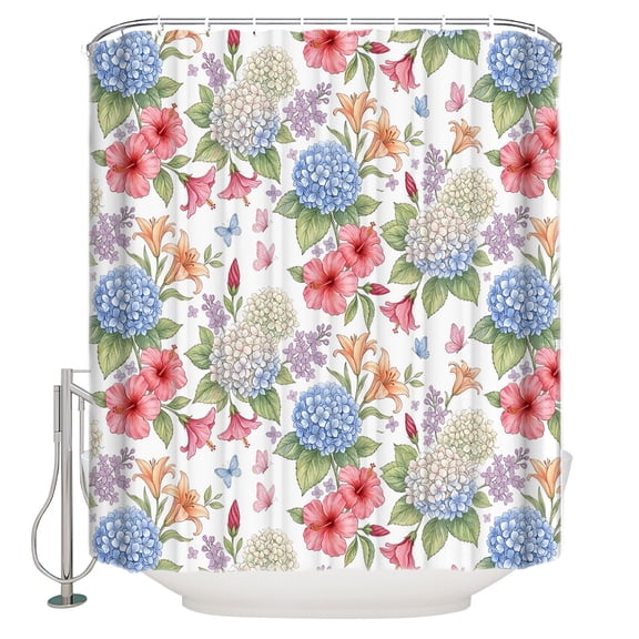 Beige Blue Hydrangea Bathroom Shower Curtains with 12 Hooks Waterproof Shower Curtain for Stalls and Bathtubs Farmhouse Floral Botanical Watercolor Decorative Bathroom Privacy Curtain 72x84 Inches