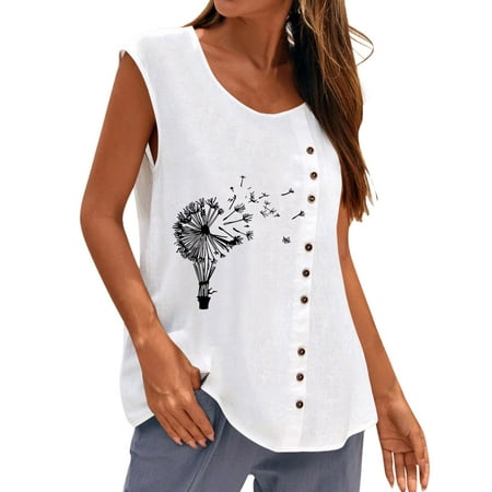 

Womens Muscle Top Women Summer Casual Dandelion Printing Sleeveless Button Vest Round Neck Loose Blouse Top Tank Ally Tops Women 34b Shelf Bra Halter Shirt Women